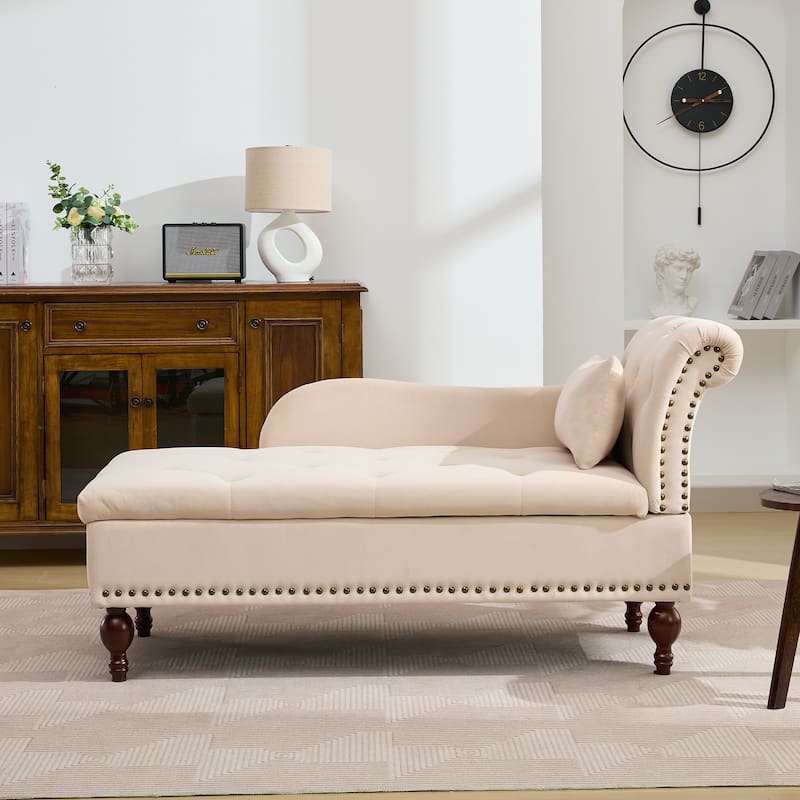 Velvet Chaise Lounge with a Storage Function, Tufted Cushions & Nailheads