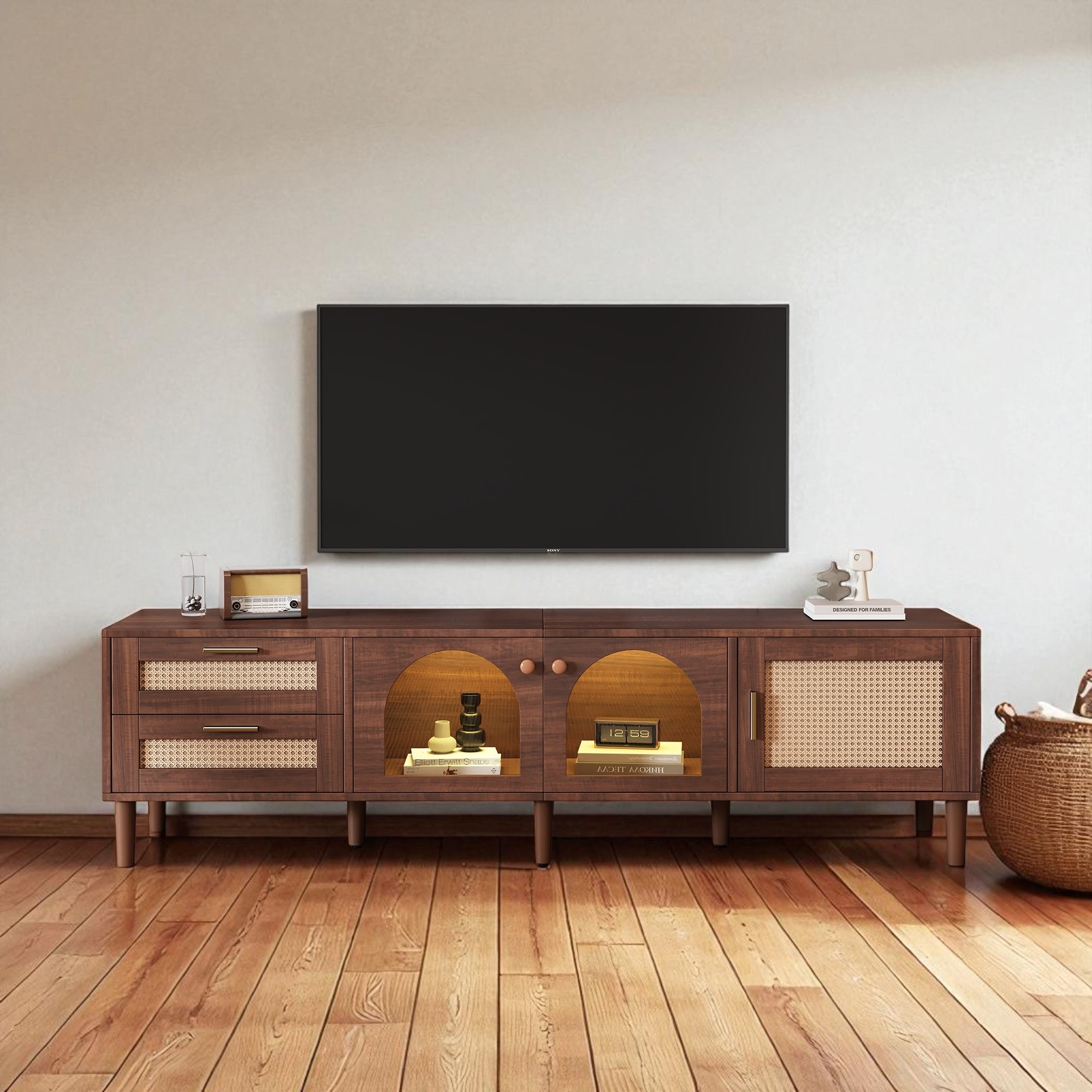 70 Inch TV Stand with 3 Cabinets and 2 Drawers, Media Console for TVs Up to 80 Inch with LED Light, Storage for Living Room