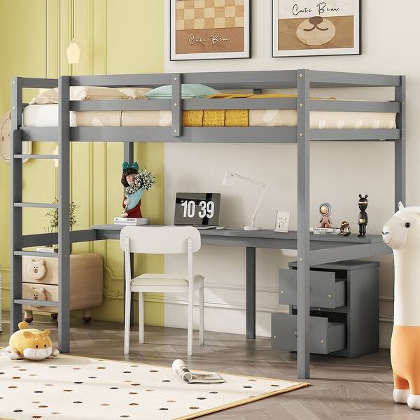 slide 2 of 6, Twin Size Loft Bed with Under-bed Built-in Desk and Storage Cabinet, Grey Wood Loft Bed with Drawers, Ladder and Guardrails Grey - Twin