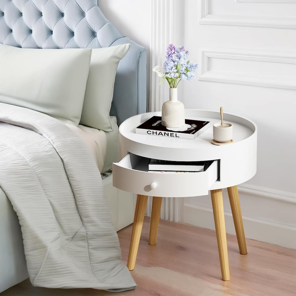 Small Side Table with Wood Legs, Space-Saving Round Coffee Table with Storage Drawers, Compact Center Table for Apartment