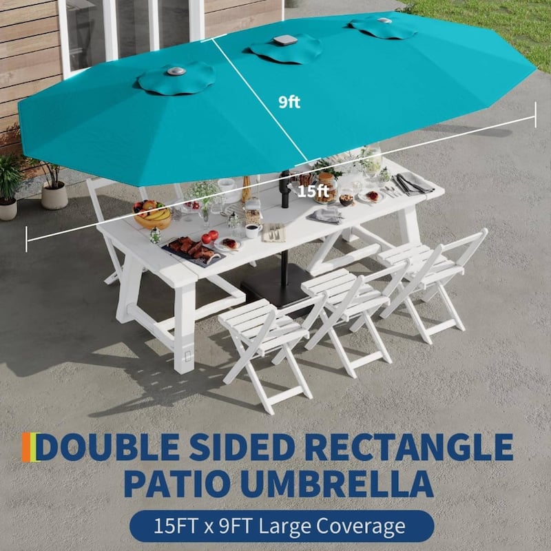 15FT Double-Sided Patio Umbrella with with LED and Base Included for Pool Lawn Garden