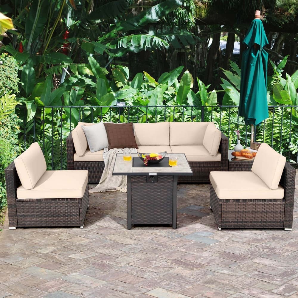 Costway 7PCS Patio Rattan Furniture Set 30'' Fire Pit Table Cover - See Details