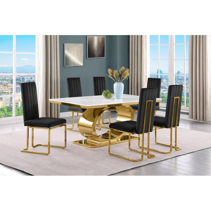 Best Quality Furniture D430/1-SC340-7 Dining Set with 68" White Marble Top - 7-Piece - Black / Gold