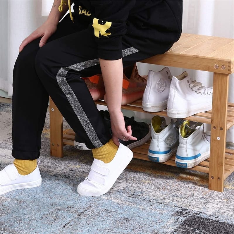 Bamboo Shoe Rack Bench 3 Tier Entryway Seat Shoe - 10.9"D x 27.6"W x 17.8"H