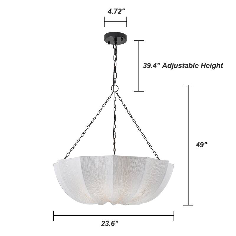 5-Light White Fabric Shade Pendant Light for Living Room - Black White