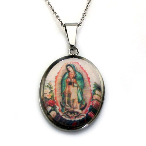 Stainless Steel Mother Mary Oval Pendant - 18 inches