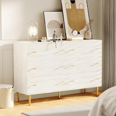 Farmhouse 6 Drawer Dresser, 47.2" Wide Rustic Wood Chest with Bar Handles, Vintage Storage Organizer for Bedroom