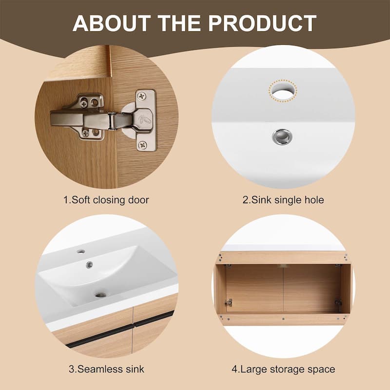 Oak 36 Inch Bathroom Vanity with resin Countertop Sink