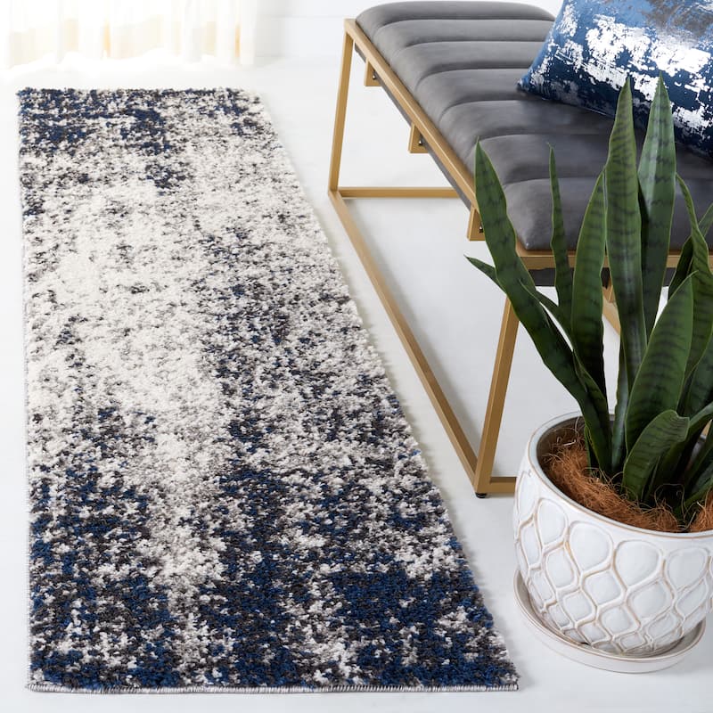 SAFAVIEH Jericho Shag Starr 1.2-inch Thick Rug - 2'2" x 8' Runner - Ivory/Navy