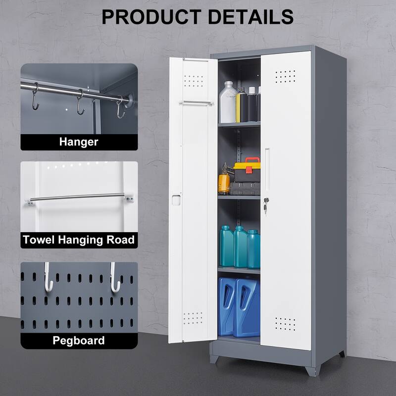 Cleaning Tool Storage Cabinet With Locking Doors And Shelves, Hanging Rod & S-Hooks