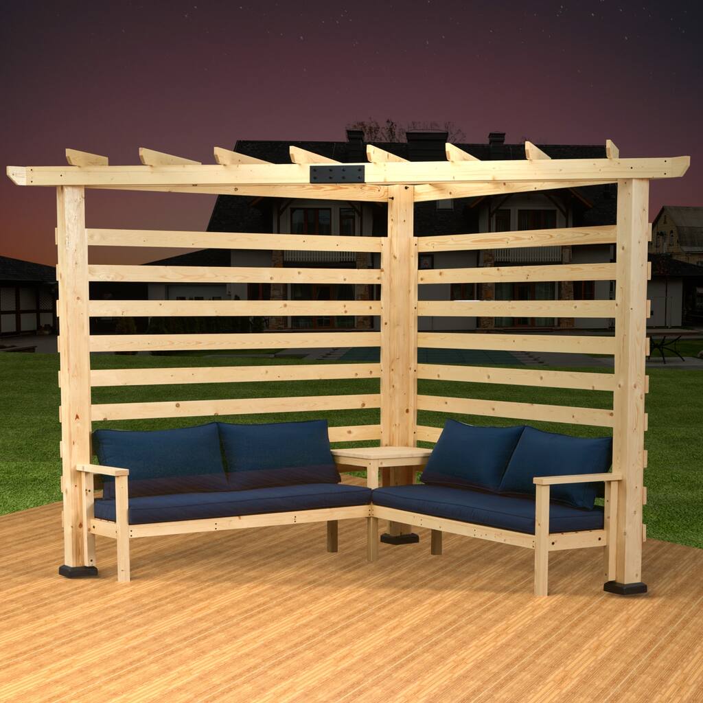 9x9 FT Solid Wood Pergola with Corner Seating and Table for Garden, Backyard, Poolside