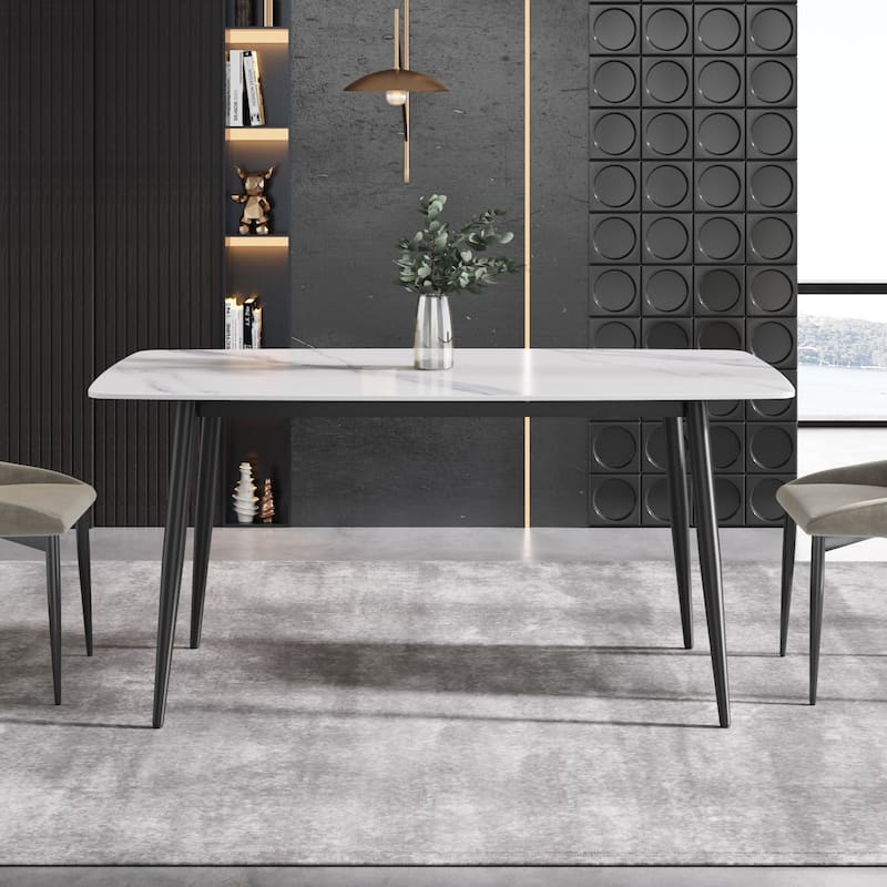 63" Modern Sintered Stone Dining Table,Solid Black Carbon Steel Base