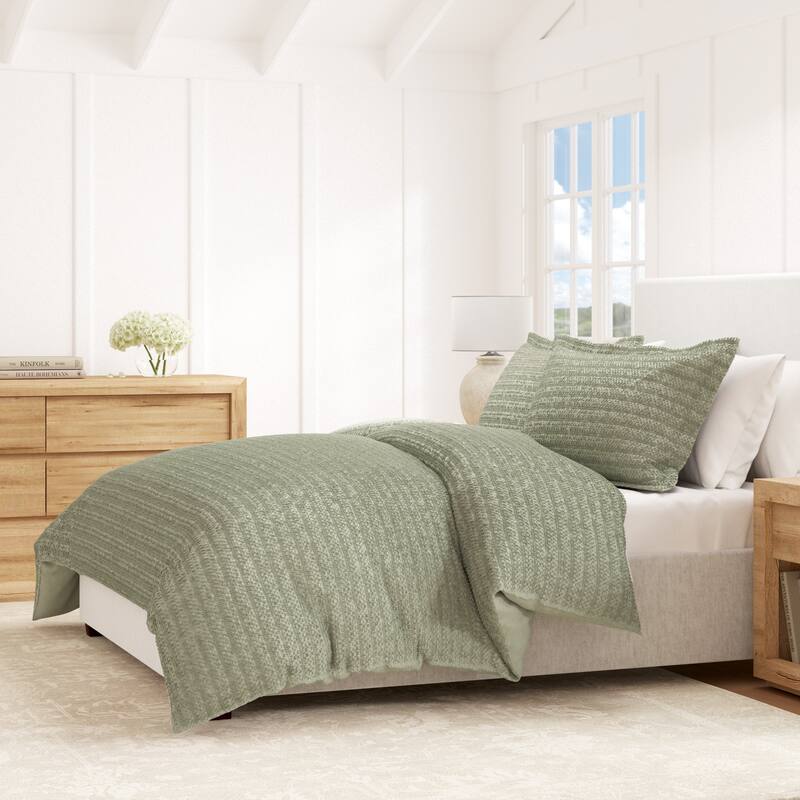 Linery & Co. Cotton Reversible Waffle Weave / Percale Duvet Cover Set - Eucalyptus Green - California King