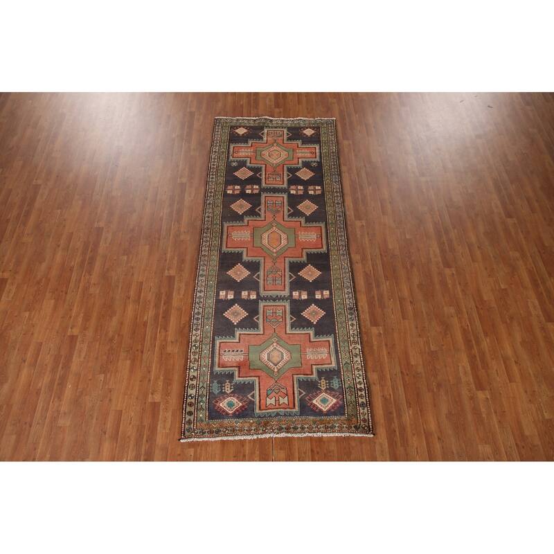Blue Ardebil Persian Vintage Runner Rug Hand-Knotted Wool Carpet - 4'1"x 9'11"