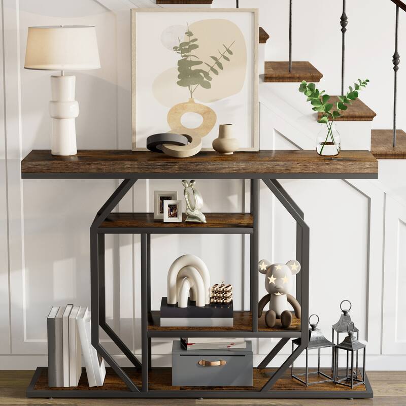 Console Table Industrial 4-Tier Entryway Table Narrow Wood Accent Tables with Storage Shelves for Living Room, Hallway, Foyer