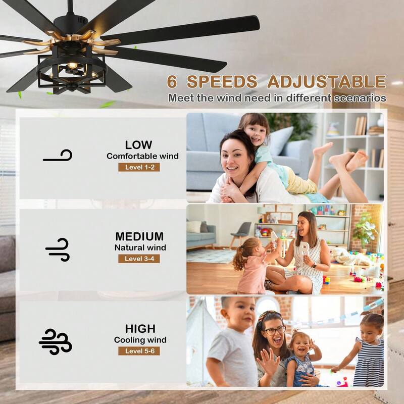Cusp Barn 65in. Industrial Large Caged Ceiling Fan with Light, Quiet DC Motor 6-speed Reversible 8-Blade Ceiling Fan for Bedroom