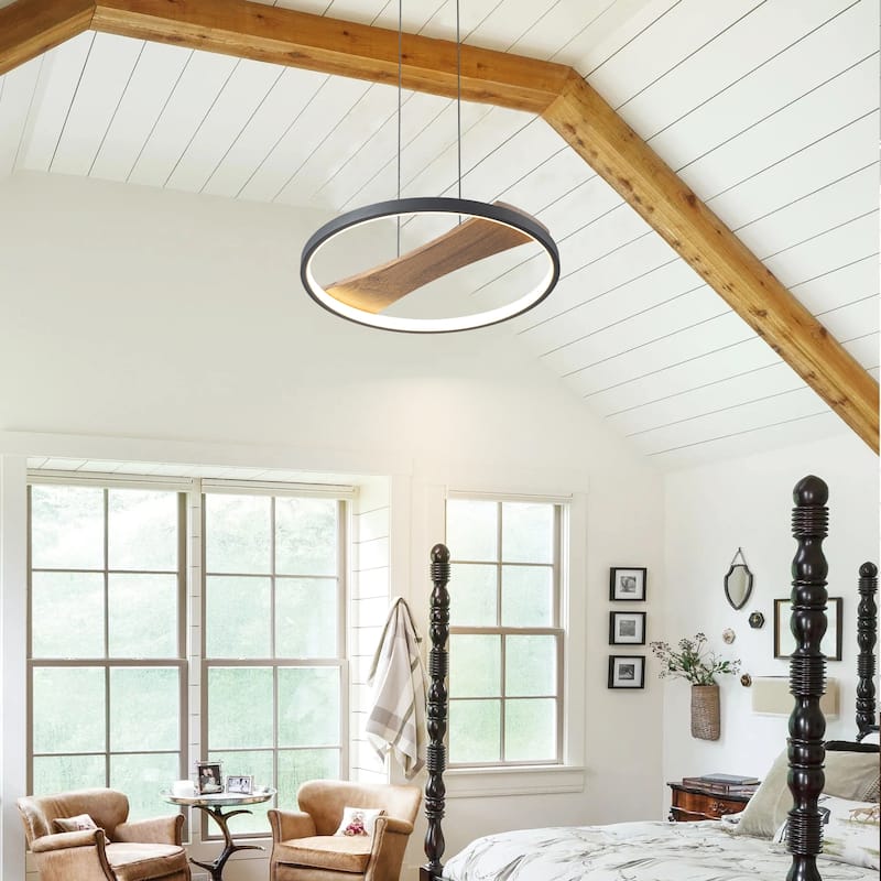 1-Light Modern Black Round Wheel Wood Integrated LED Pendant Light for Dining Room - 15.7 in. W x 81.1 in. H