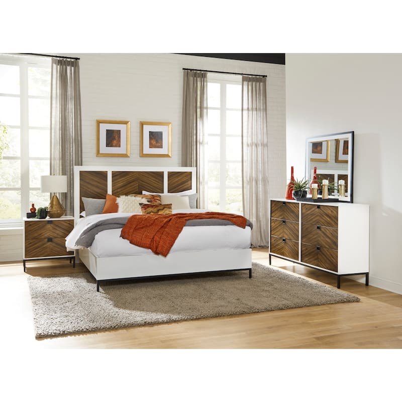 White and Walnut Finish 5pc Bedroom Set Bed Two Nightstands Dresser Mirror