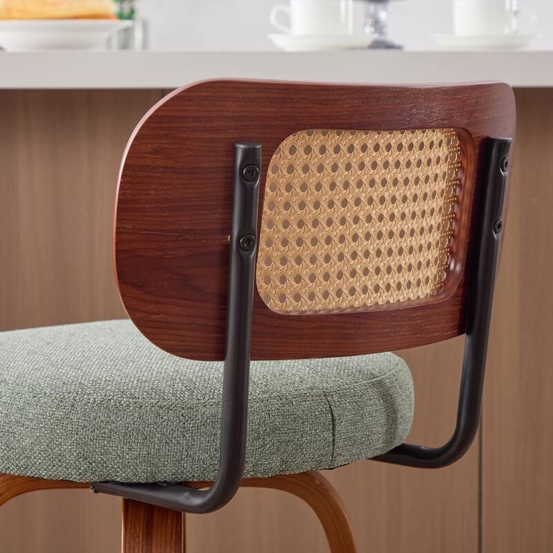 Set of 2, 26-Inch Counter Height Bar Stools - Cane Rattan Back, Linen Upholstered Seat, Swivel Design for Kitchen