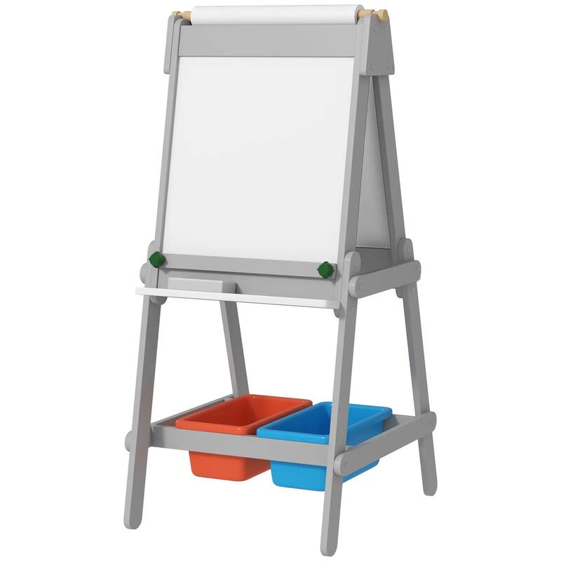3-in-1 Kids Art Easel with Chalkboard Whiteboard Paper Roll Storage Boxes Pen Holder for Toddlers Ages 3-8 Gray - Grey