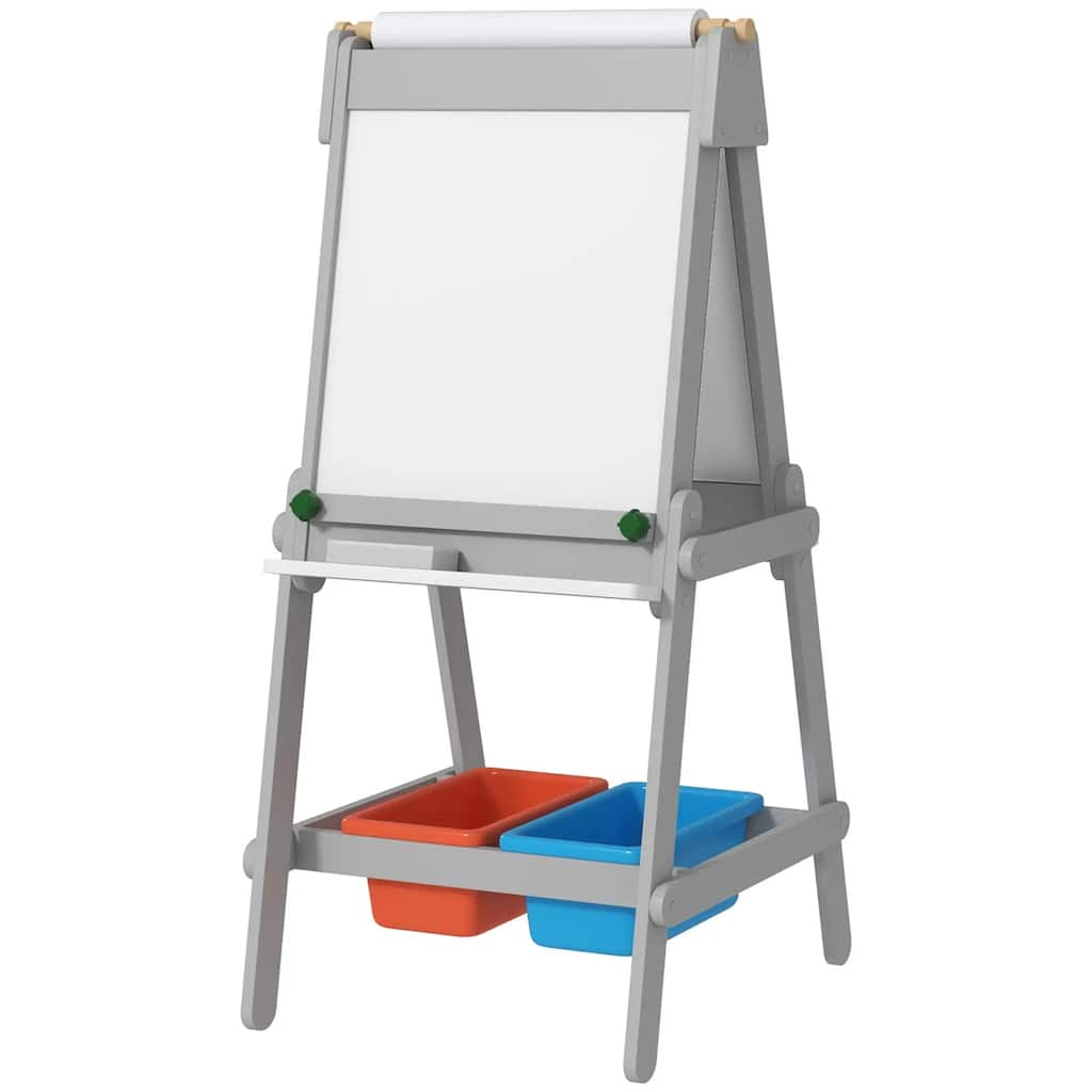 3-in-1 Kids Art Easel with Chalkboard Whiteboard Paper Roll Storage Boxes Pen Holder for Toddlers Ages 3-8 Gray