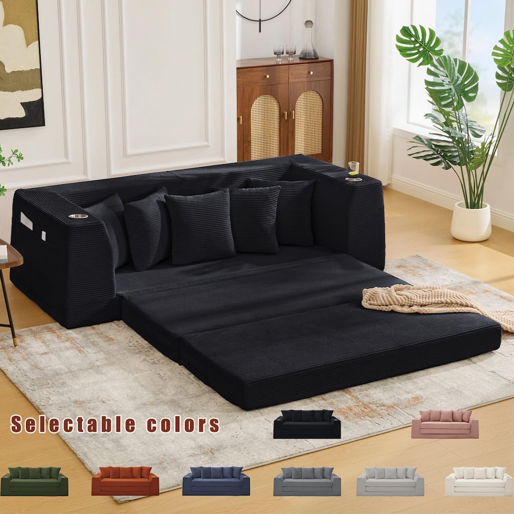 2 in 1 Convertible Sofa Bed, Sleeper Sofa with Storage Pockets, Pull Out Loveseat Couch with Two Cup Holders