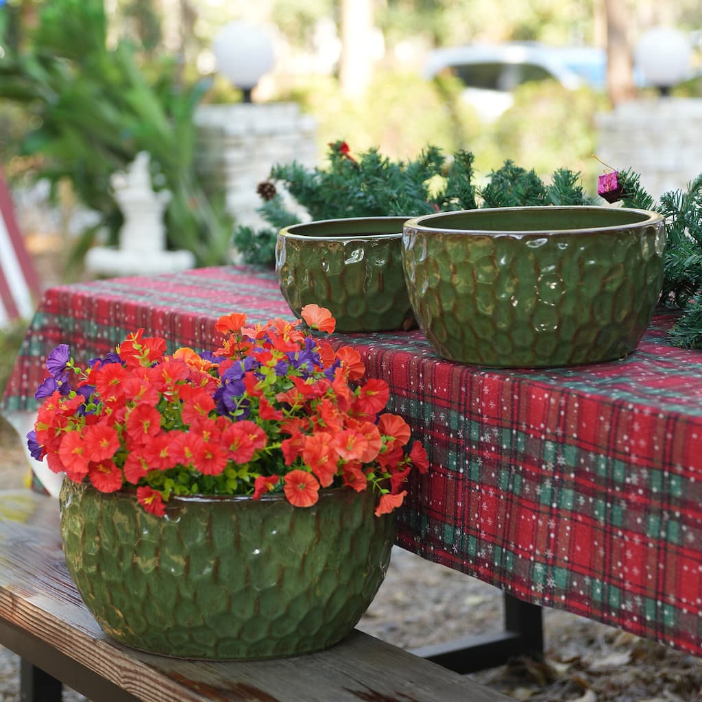Handmade Glazed Ceramic Planter Set of 3, 15/12/10 Inch Diameter, Hammered Pattern