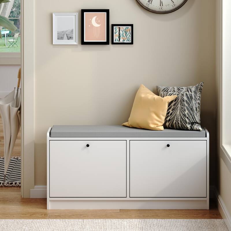Anmytek White Storage Bench with Hooks Entryway Shoe Organizer and Living Room Seating