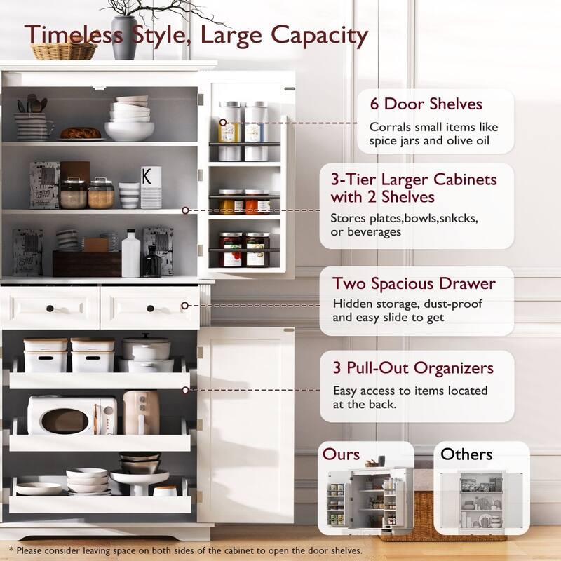 71" Tall Freestanding Kitchen Pantry Cabinet with 3 Pull Out Organizers and 6 Door Shelves
