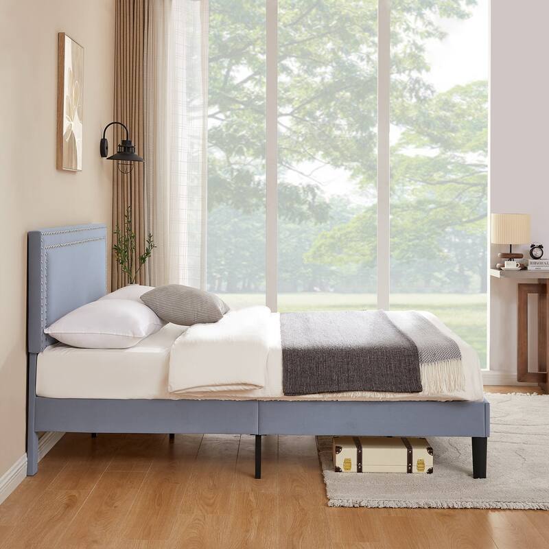 Upholstered Platform Bed Frame with Adjustable Headboard, Velvet Nailhead Trim, No Box Spring Needed