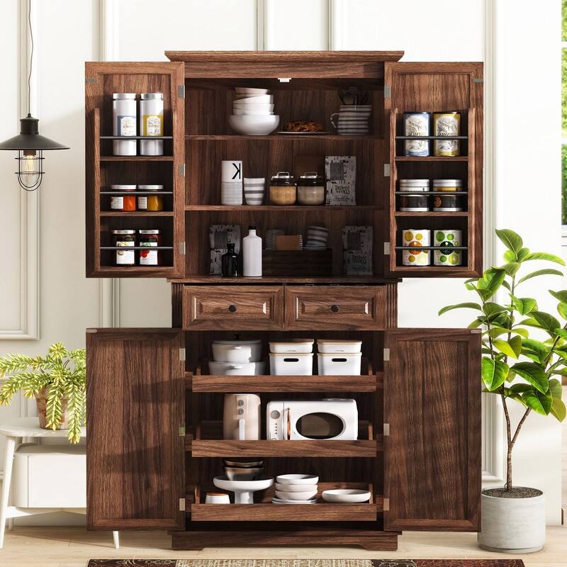 Freestanding 71" Tall Kitchen Pantry Cabinet with Pull-Out Organizers and Unique Embossed Texture for Organized Storage