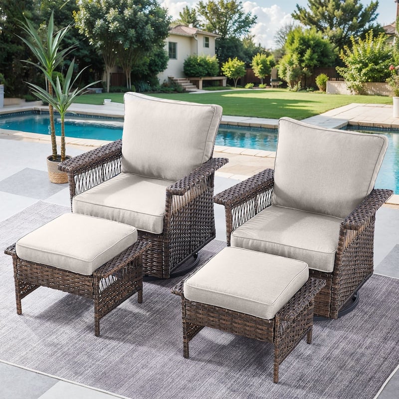 Outdoor Glider Chair with Soft Cushion - Brwon Wicker Beige Cushion - 4PCS Glider Chairs with Ottoman