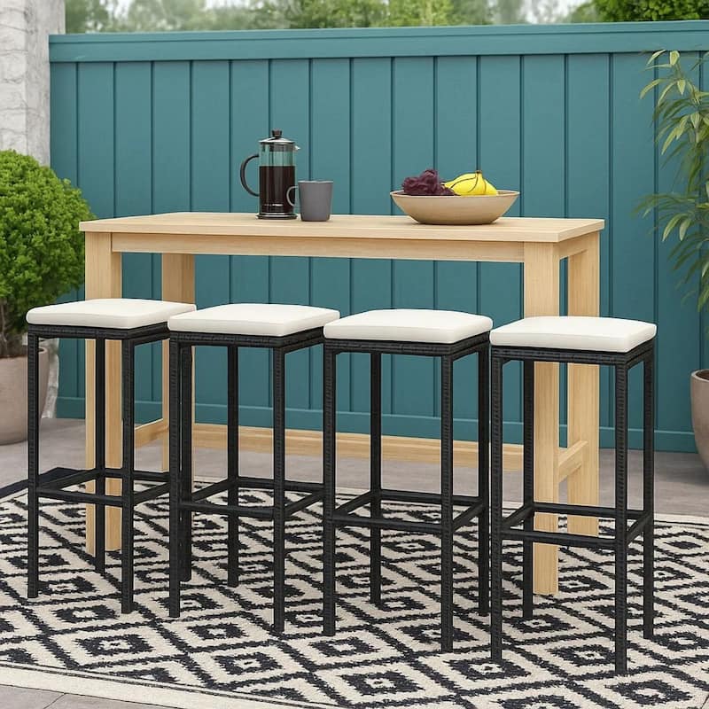 Outdoor Barstool Set of 4, Cream White Cushion, Black Poly Rattan