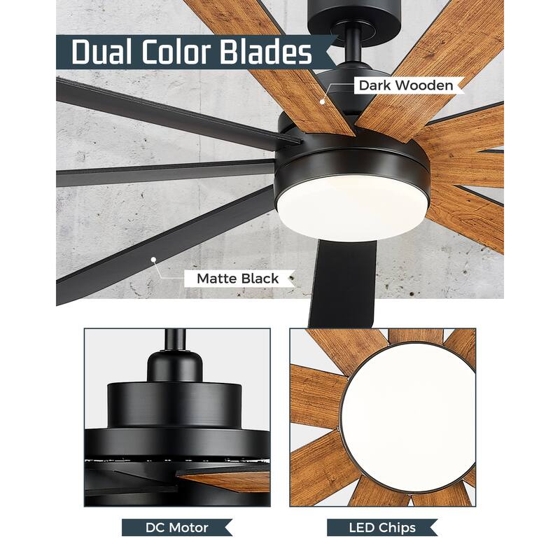 72 Inch 24W Led Ceiling Fans with Lights, 9-Blades, Remote Control and App and Alexa Google Voice Control
