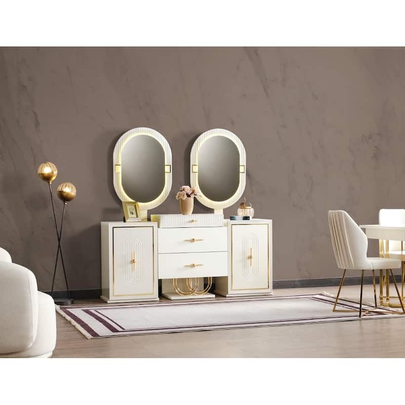 Marsille Modern Dining Room Table, 6 Dining Room Chairs and Console With Mirror Set