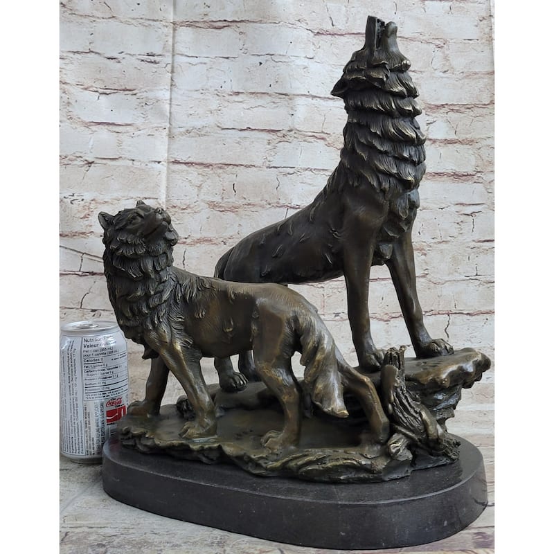 Signed Original Howling Imitative Wolf Bronze Sculpture Marble Base Statue Gift Decor Gift
