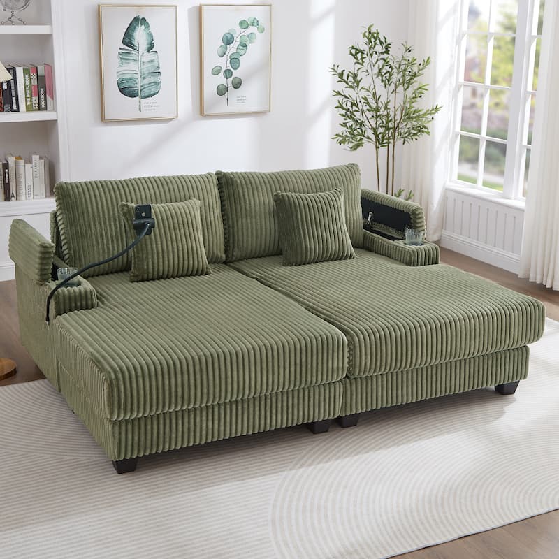 Corduroy Chaise Lounge Sofa Loveseat Sleeper Sofa with Adjustable Backrest, Cup Holders, Phone Holder and Dual Storage Armrest - Green