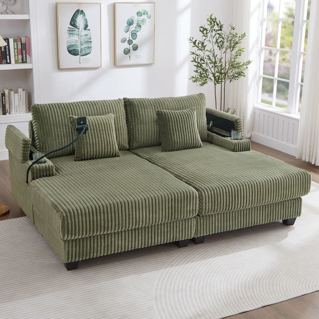 Corduroy Chaise Lounge Sofa Loveseat Sleeper Sofa with Adjustable Backrest, Cup Holders, Phone Holder and Dual Storage Armrest