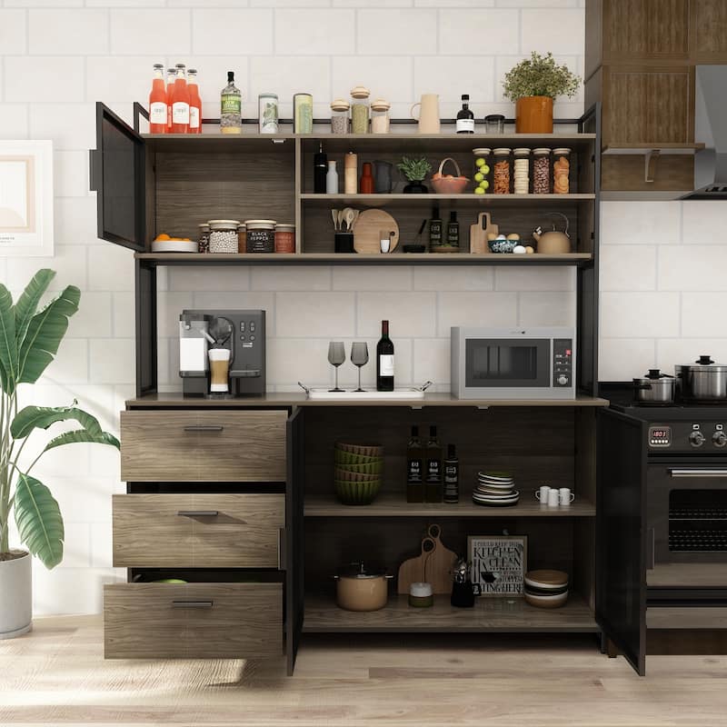 59"W 68.5"H Kitchen Pantry Microwave Storage Cabinet Buffet with Hutch