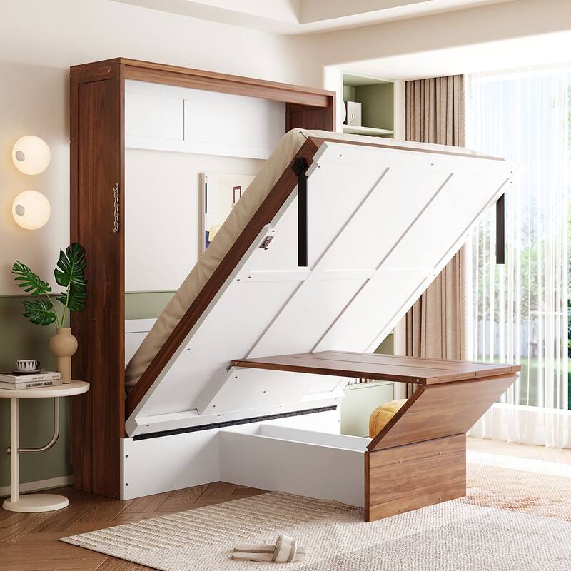 Full Size Murphy Bed Office Combo with Walnut Finish, Fold Down Bed w/ Workstation for Home Office Studio Contemporary Wall Bed - White - Full