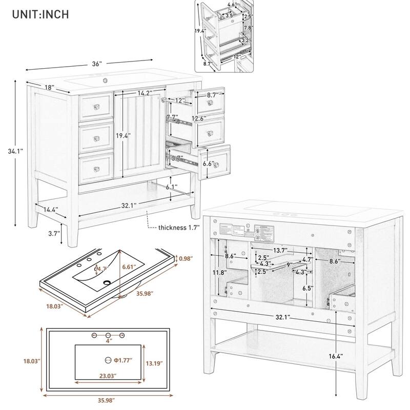 36" Bathroom Storage Wood Vanity Cabinet with Ceramic Sink and Shelf