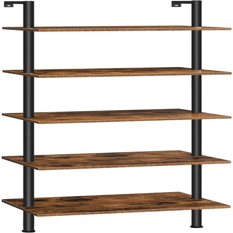 Ladder Shelf 5 Tier Wooden Wall Mounted Bookshelf - 9.45"D x 15.35"W x 65.94"H - Rustic Brown - 9.45"D x 15.35"W x 65.94"H