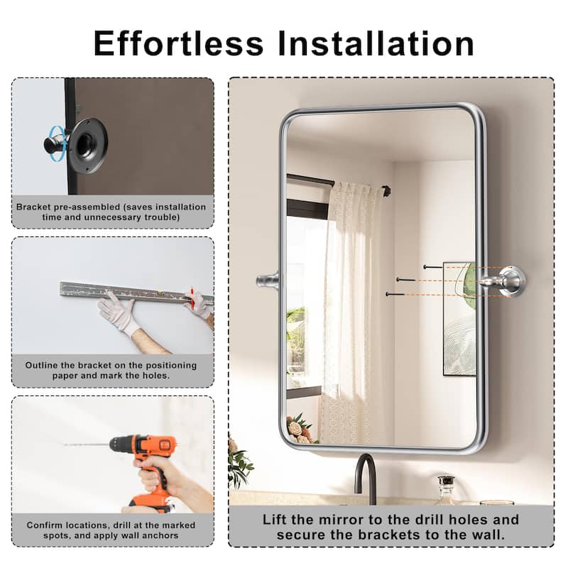 Rectangle Bathroom Tilting Vanity Wall Pivot Mirror, with Rounded Corner Design