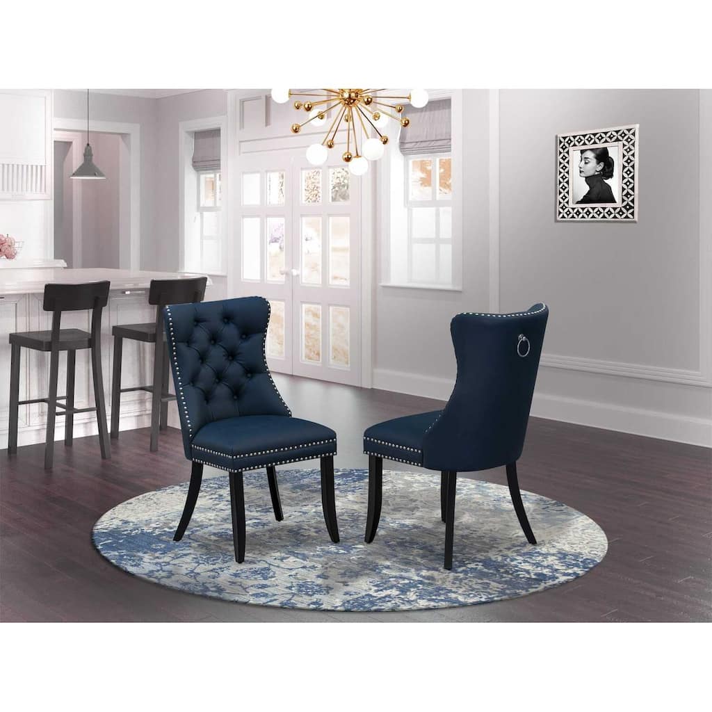 Modern Parsons Dining Chairs - Navy Blue Faux Leather Padded Set of 2