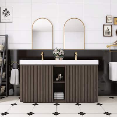 59.6'' Freestanding Bathroom Vanity with White Integrated Solid Surface Sink in Smoked Oak - 59.49'' x 19.11'' x 36.45''