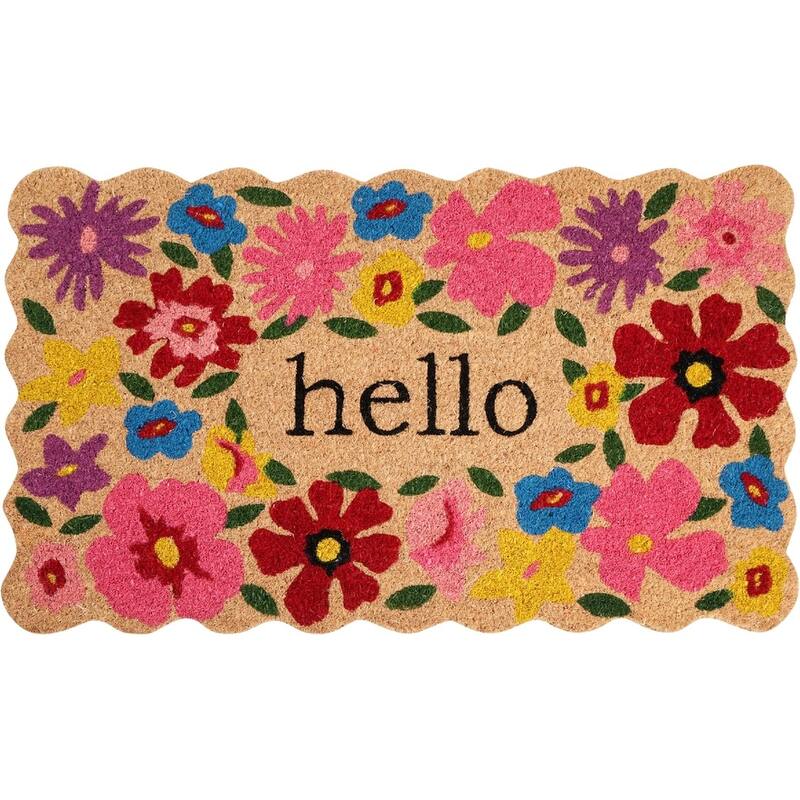 A1HC Natural Coco Coir Door Mat with Heavy Duty Non-Slip PVC Backing 18" x 30" - Scalloped Floral Hello