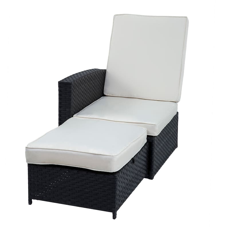 5 Piece Rattan Wicker Outdoor Chaise Lounge Recliner Back Adjustable with white cushions - 83*56
