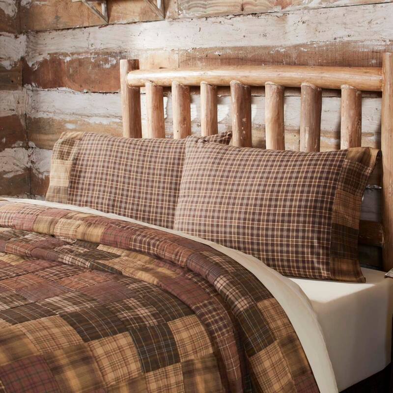 Brown Rustic Bedding VHC Prescott Block Border Pillow Case Set of 2 Cotton Plaid Patchwork