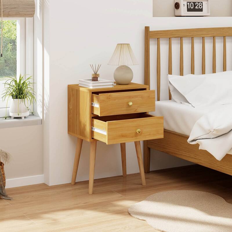 Costway Mid Century Modern 2 Drawers Nightstand In Natural Sofa Side