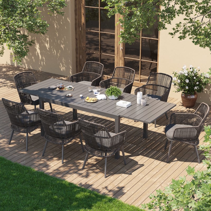 Outdoor Patio Dining Sets with PE Wicker Chairs and Extendable Aluminum Dining Table for 8 Persons